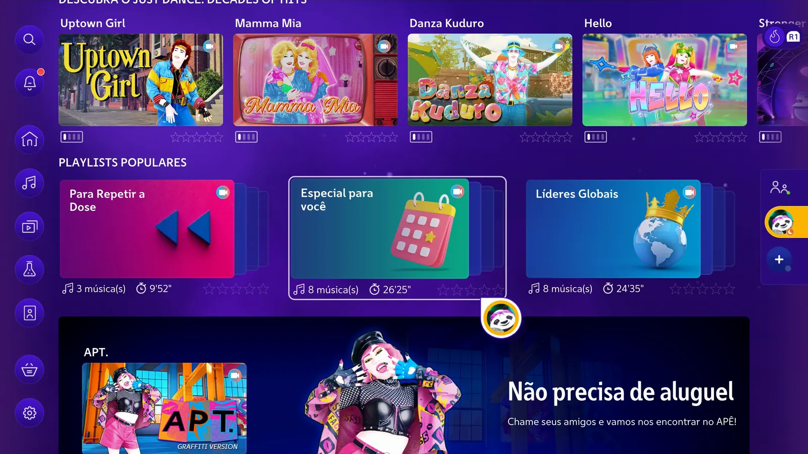 Playlists populares e destaque de APT. na tela inicial