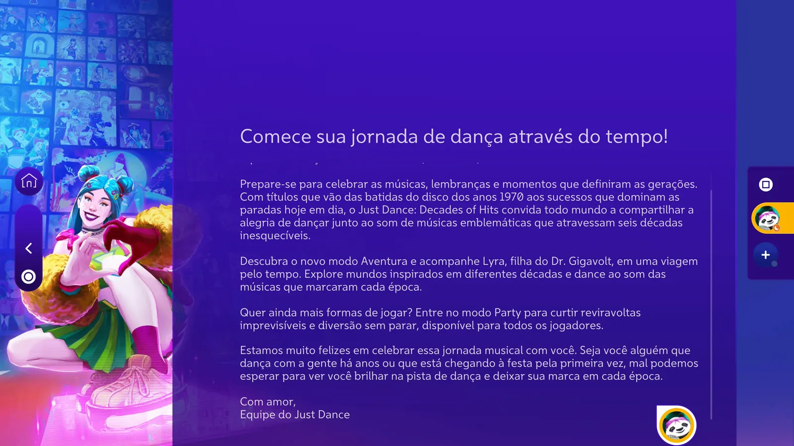 Carta de boas-vindas da equipe do Just Dance